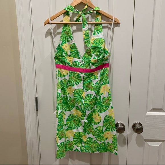 Lilly Pulitzer Cocoa Hip Hop Hooray Tropical Frog Lilypad Halter Dress 2 - Picture 5 of 7